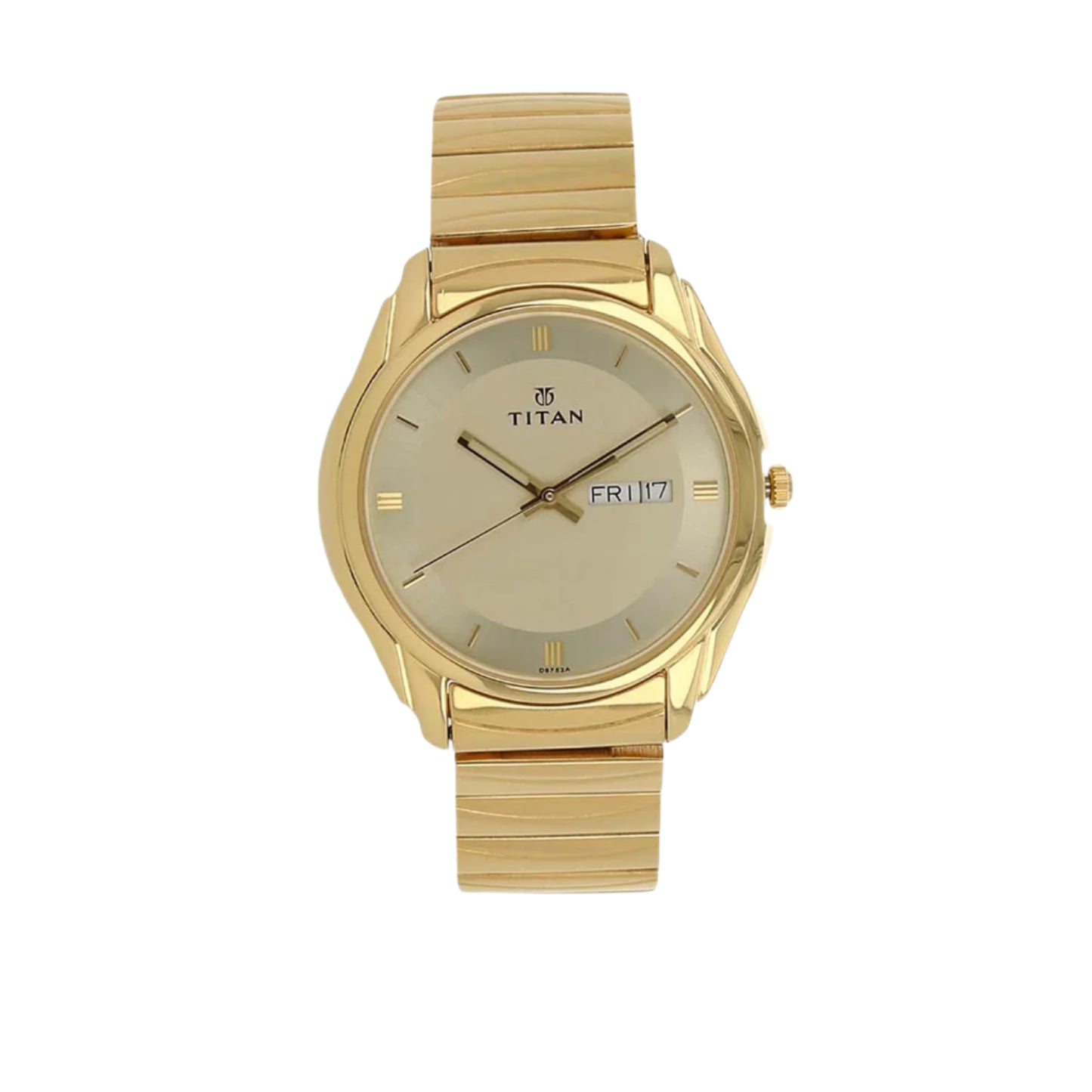 Titan Quartz Analog with Day and Date Champagne Dial Golden Stainless Steel Strap Watch For Men