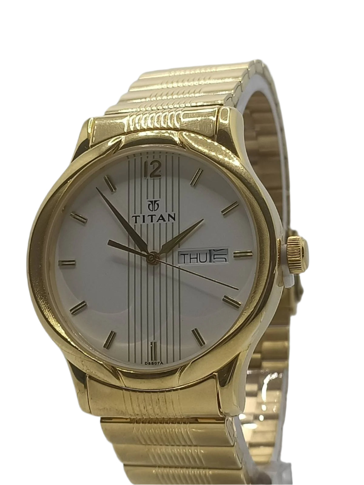 Titan Quartz Analog with Day and Date Champagne Dial Golden Stainless Steel Strap Watch For Men