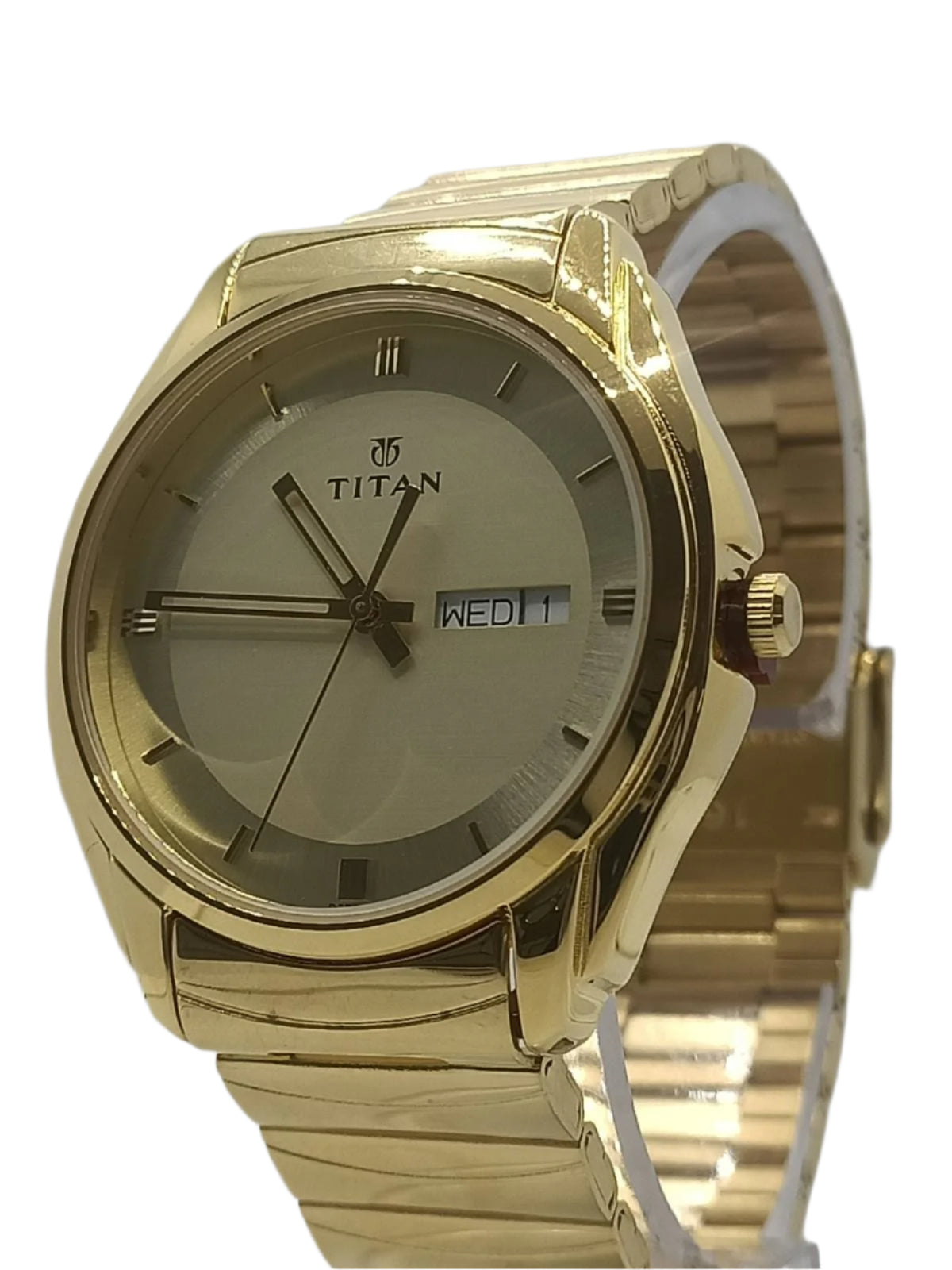 Titan Quartz Analog with Day and Date Champagne Dial Golden Stainless Steel Strap Watch For Men